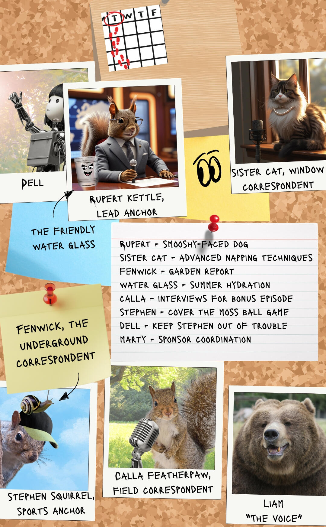 A bulletin board featuring photos of the news team and the assignments for each team member
